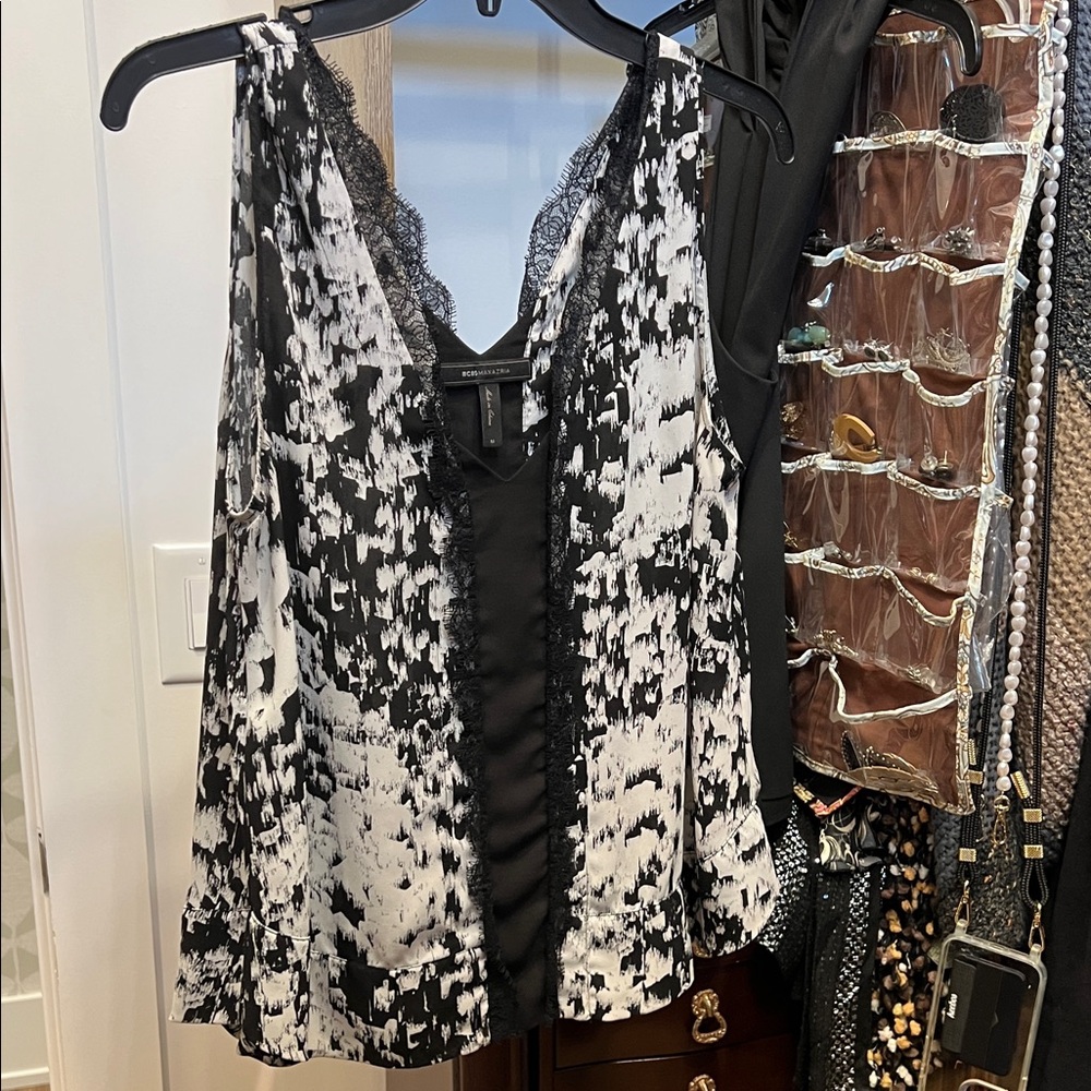 BCBGMaxAzria Black and White Lace Trim Camisole